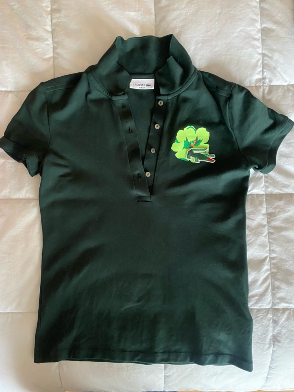 Lacoste Women Dark Green Polo Top with Embroidered Graphic Size 34 (2 - XS) Slim